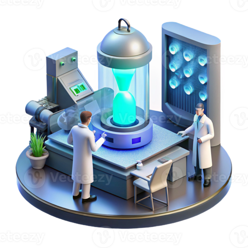serene modern A futuristic laboratory filled with advanced technology, scientists working in the background, bright and sterile lighting exclusive png