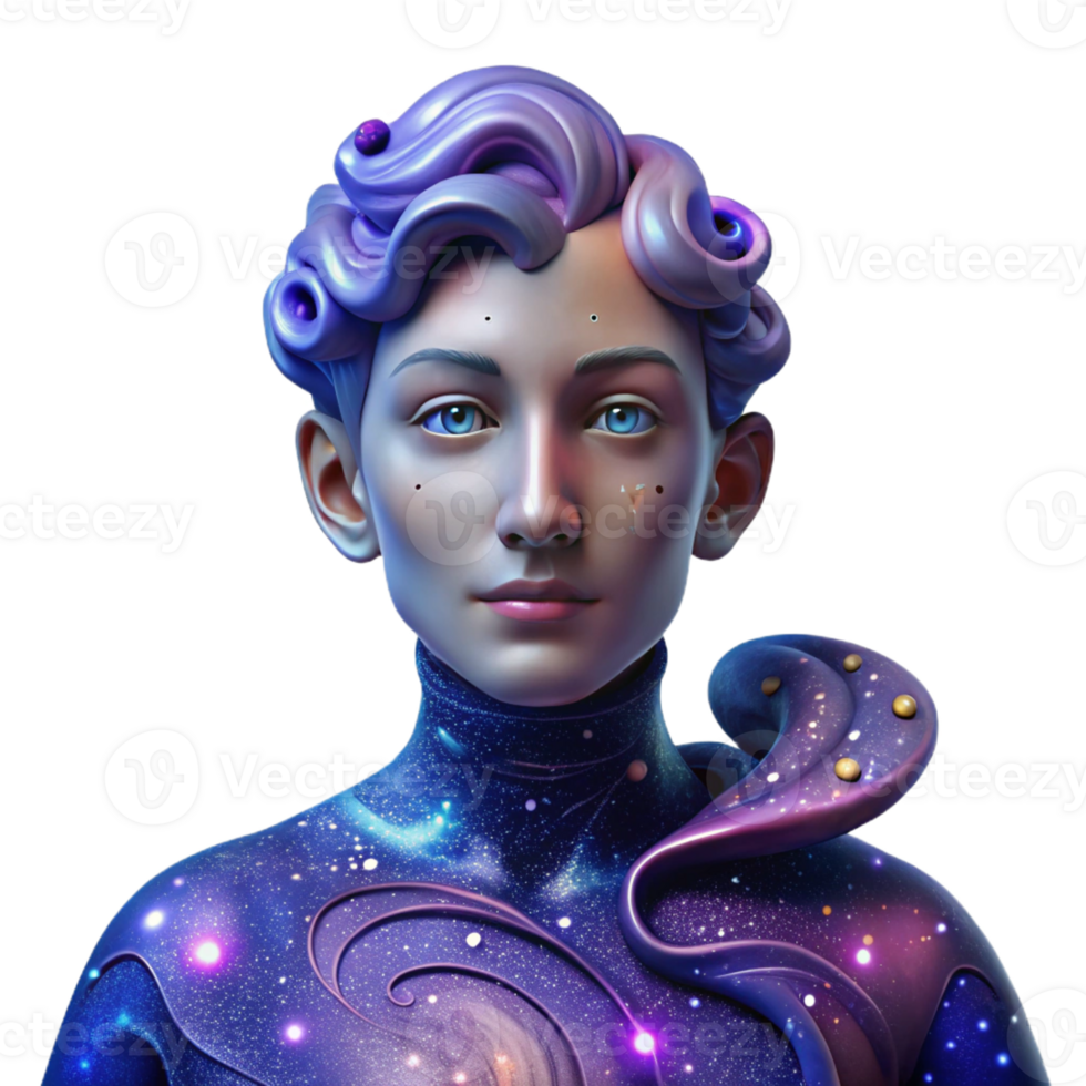 magnificent artistic Portrait of a person composed entirely of swirling galaxies, nebulae, and stars, lit by cosmic light, in a surreal art style high resolution png
