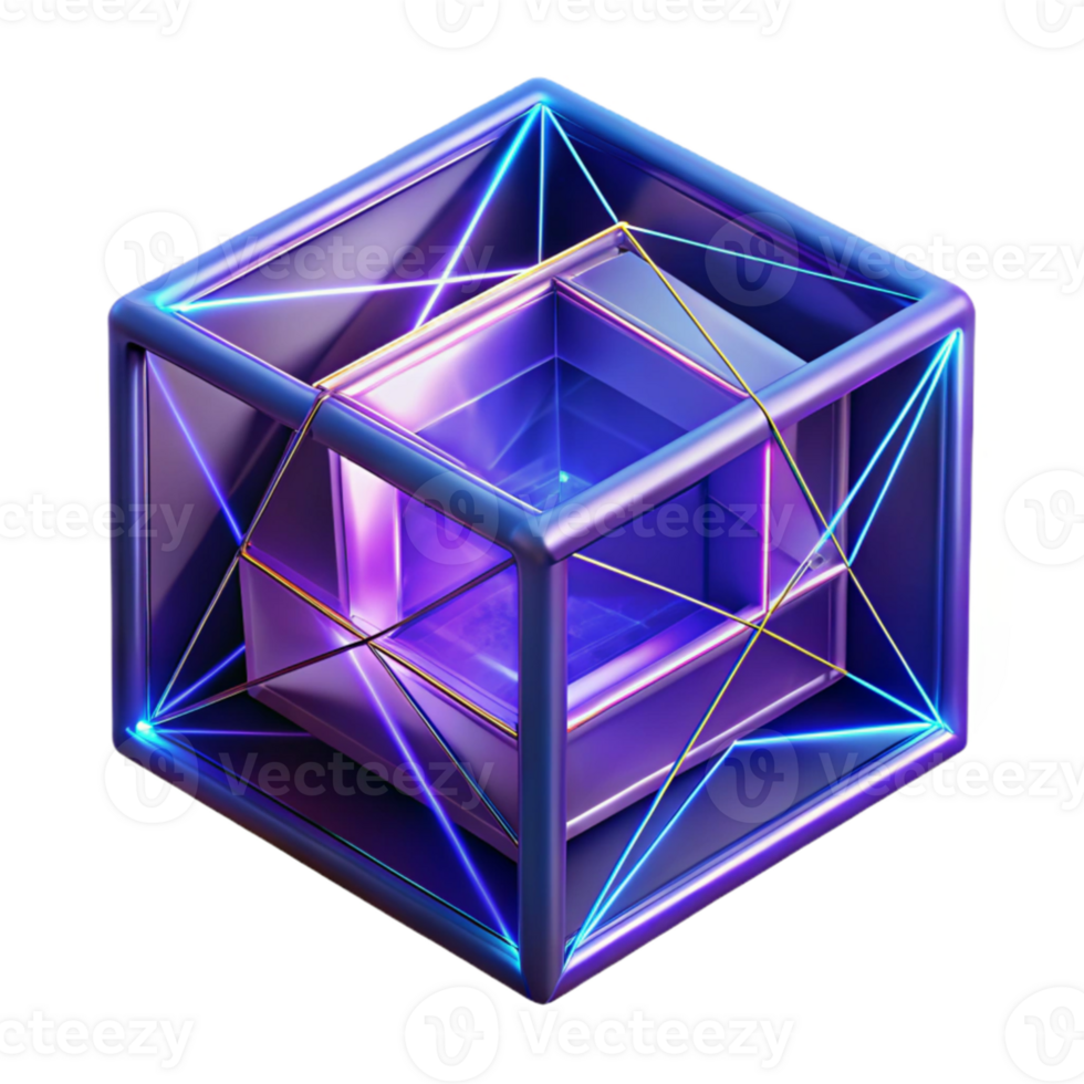 impressive contemporary Fractured geometric shapes in shades of deep violet and electric blue, connected by thin, glowing lines, with dramatic chiaroscuro lighting, in a Cubist style authentic png