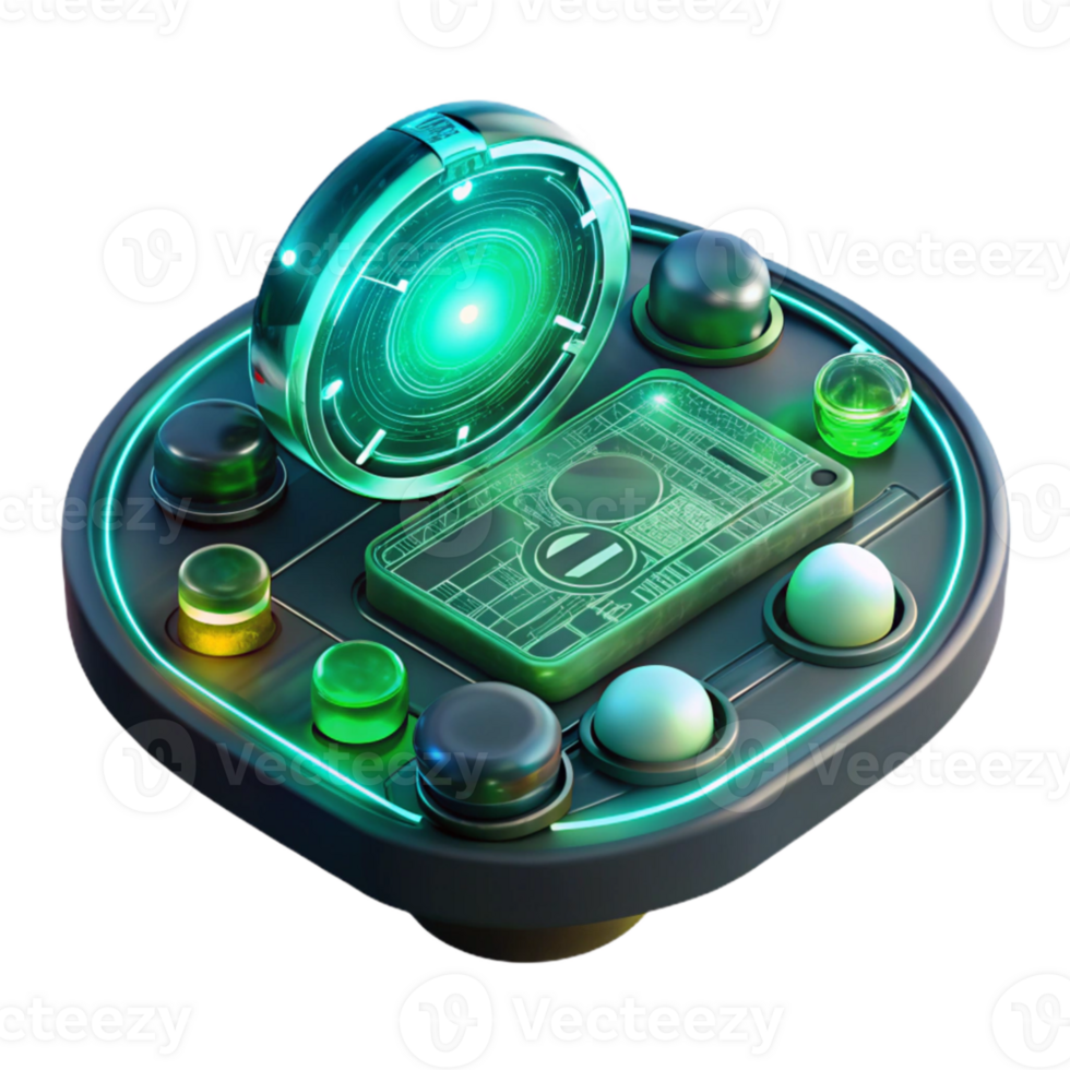 elegant vintage A close-up of a futuristic HUD interface displaying complex data streams and holographic projections, lit by the flickering green light of the screen. Cyberpunk style 4K png