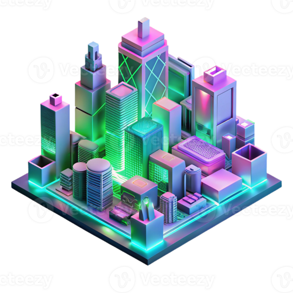 serene contemporary A futuristic cityscape composed of interconnected circuit boards and data streams, vibrant neon pink and green lighting, cyberpunk style high quality png