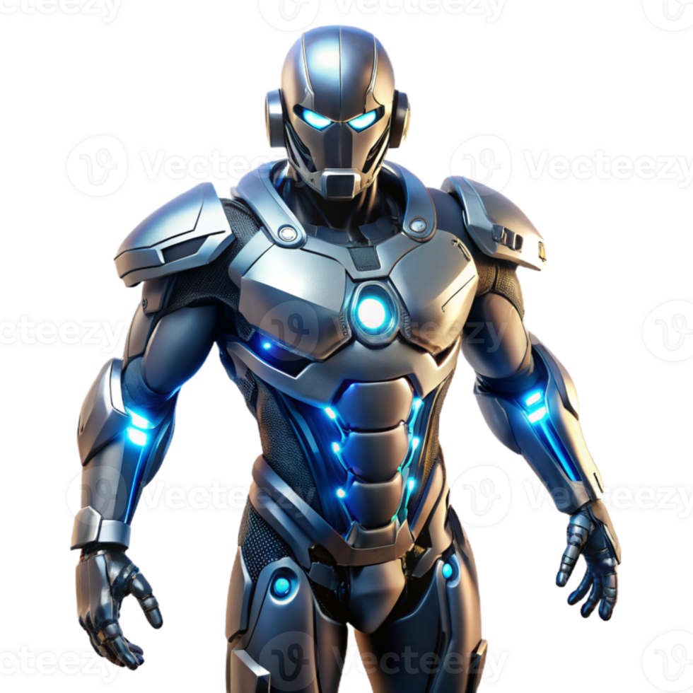 dramatic contemporary A futuristic exoskeleton suit enhancing human strength and agility, illuminated by integrated LED lighting. Cyberpunk, mecha style detailed png
