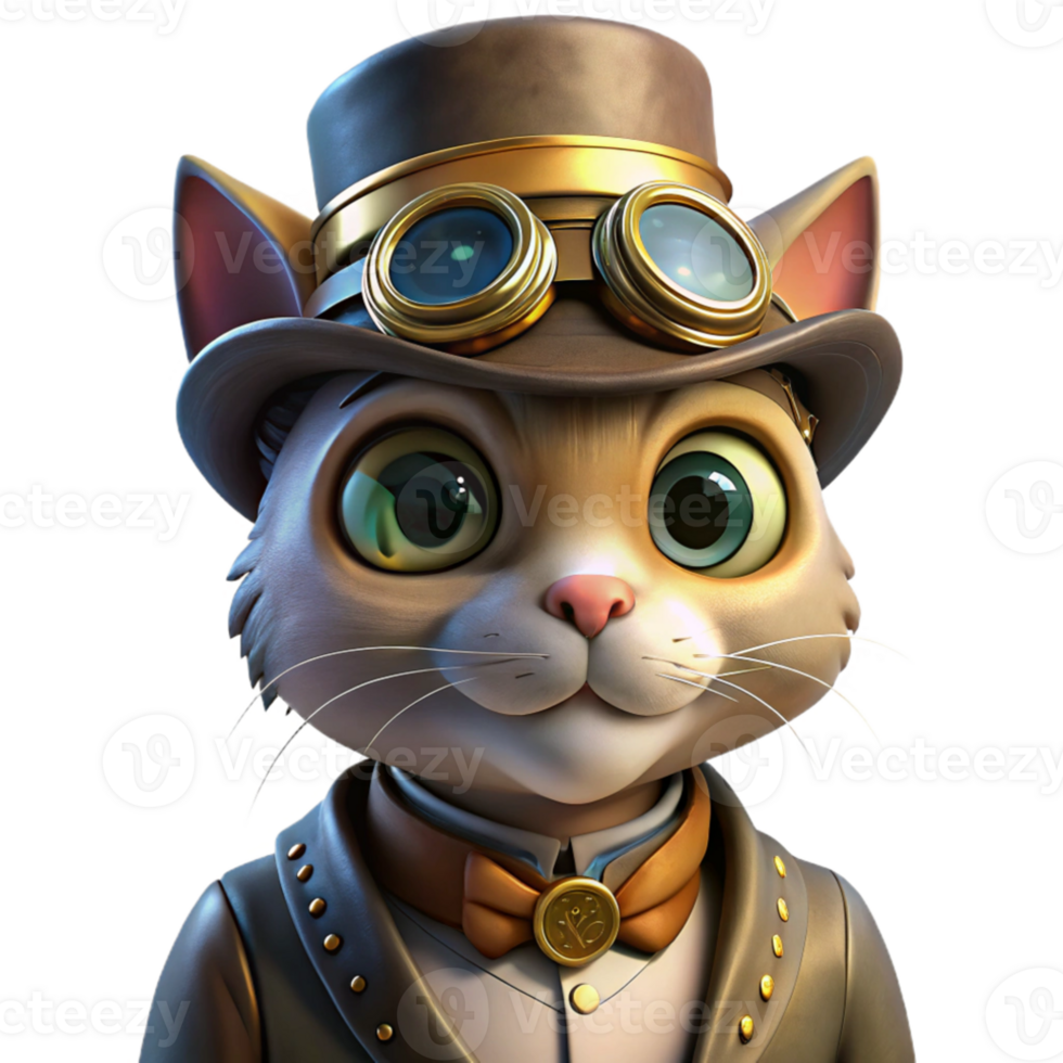 vibrant rustic A portrait of a steampunk cat wearing goggles and a tiny top hat, illuminated by a warm, inviting light. Vintage illustration style authentic png