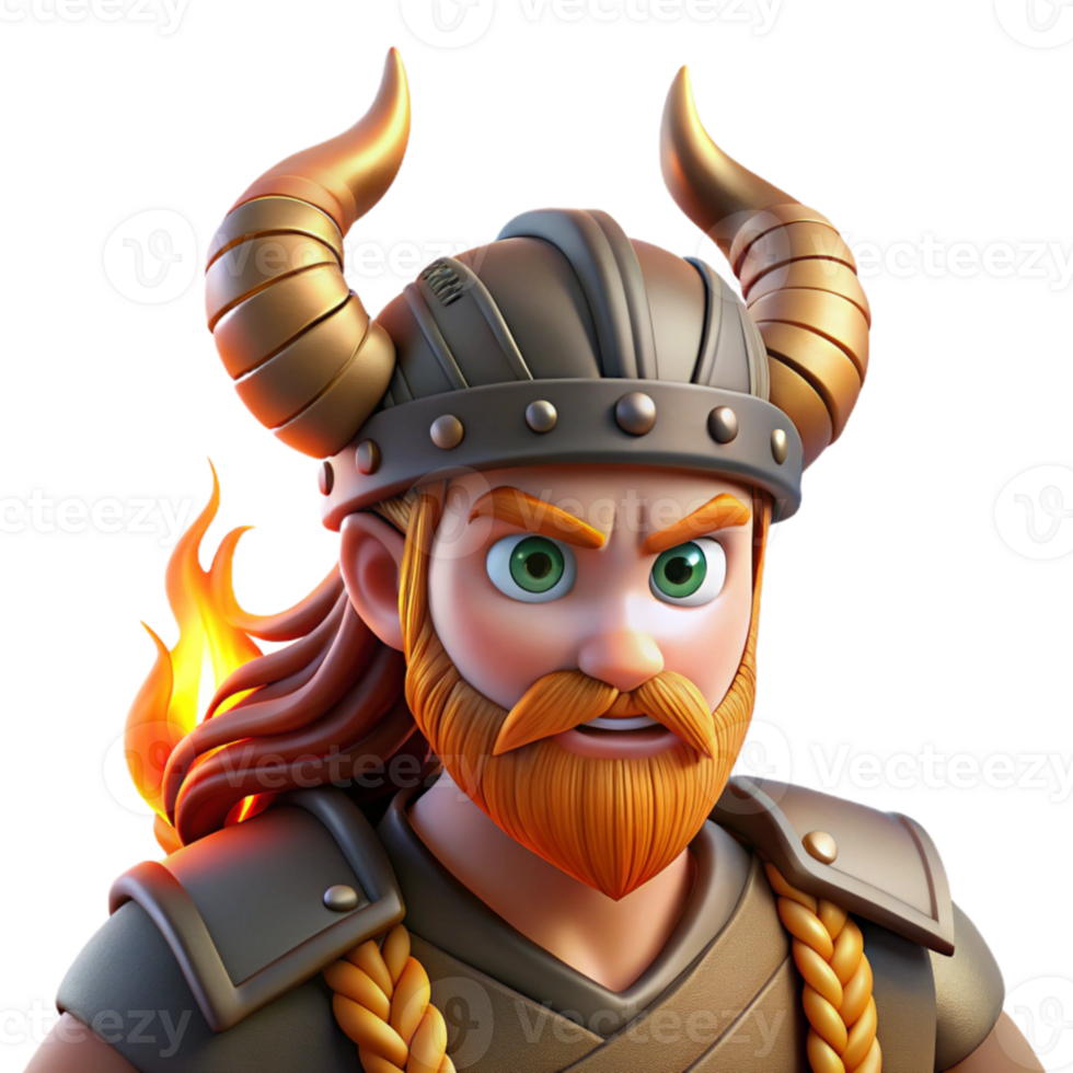 dramatic artistic Portrait of a fierce Viking warrior with braided hair, horned helmet, and a battle-ready expression, lit by flickering torchlight premium png