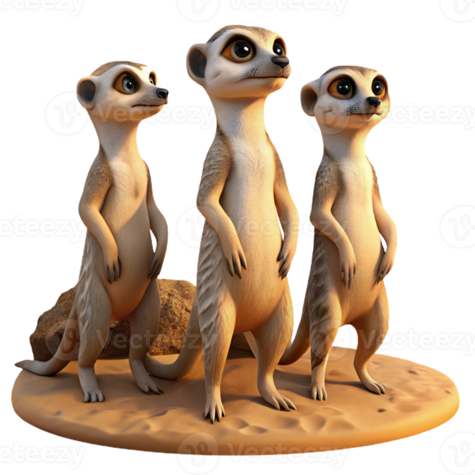 dramatic contemporary A group of meerkats standing on their hind legs in the desert, scanning the horizon, under the harsh midday sun, in a humorous, wildlife photography style high quality png