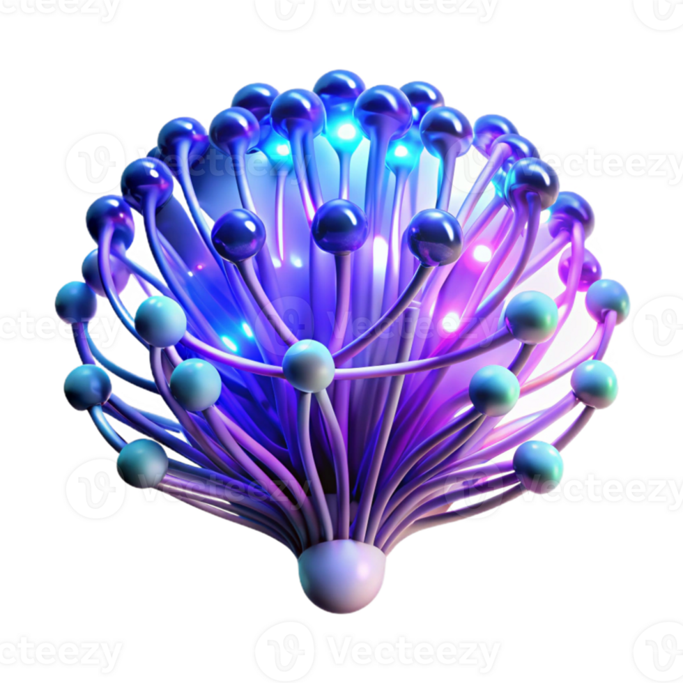beautiful abstract A network of glowing fiber optic cables forming the shape of a human brain, cool blue and purple lighting, abstract art style premium png