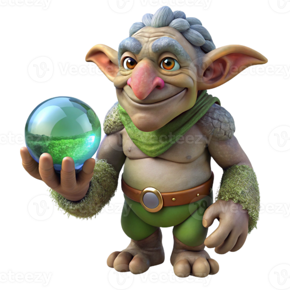 wonderful contemporary A wise old troll, with skin of granite and moss, holding a glowing crystal ball, in a dark cave lit by bioluminescent fungi. Digital art style authentic png