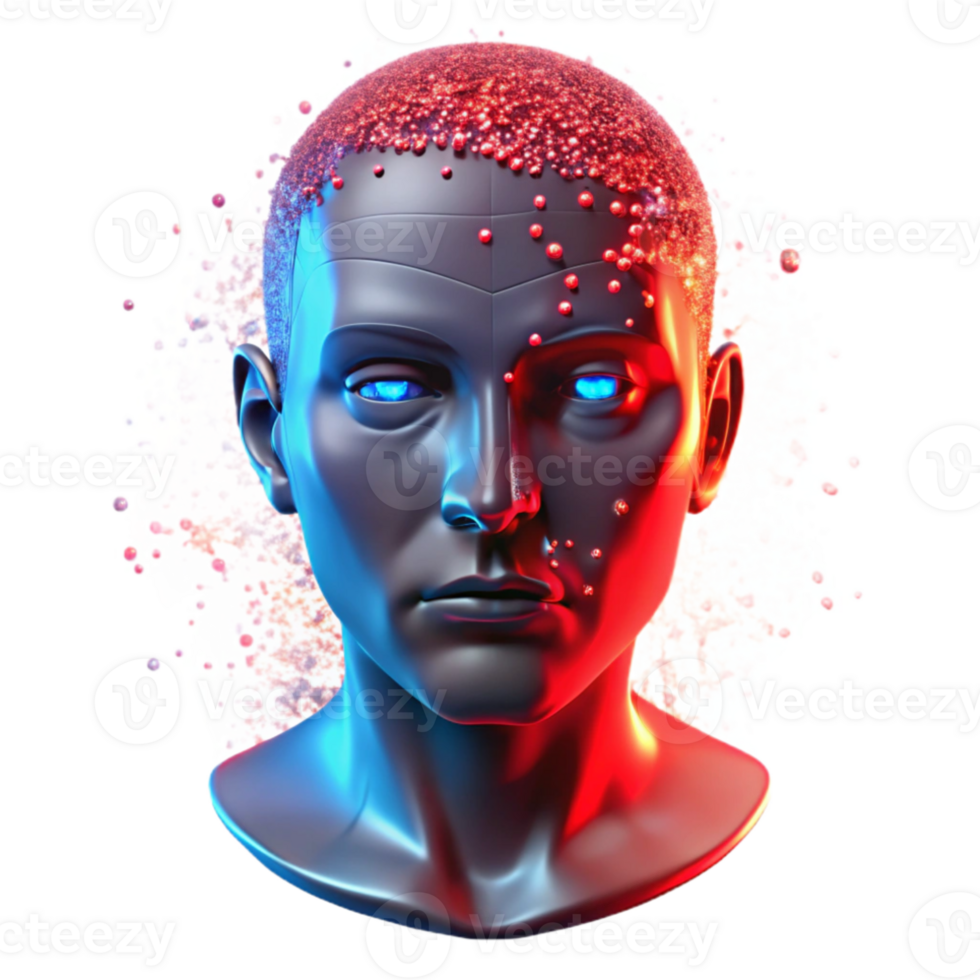 stunning abstract A holographic projection of a human face disintegrating into particles, illuminated by red emergency lighting, in a dramatic style professional png