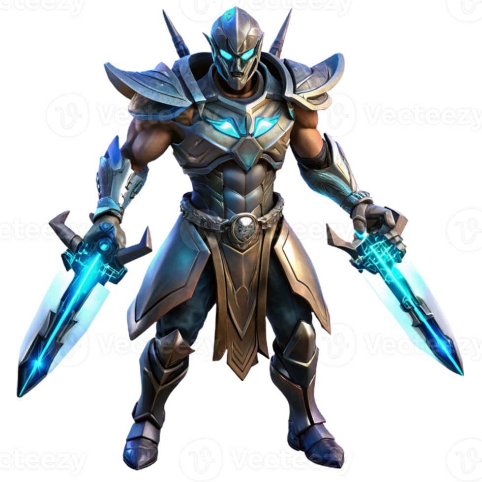 stunning vintage A cyborg warrior, with glowing energy blades and intricate armor, stands ready for battle. Dark fantasy style detailed png