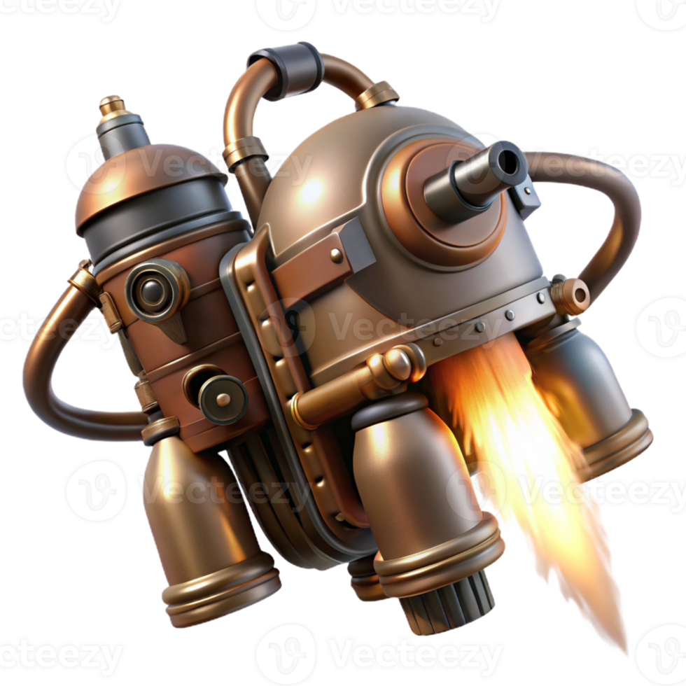 extraordinary modern A steampunk jetpack, with brass nozzles and copper pipes, emitting a trail of steam, lit by a powerful, backlighting exclusive png