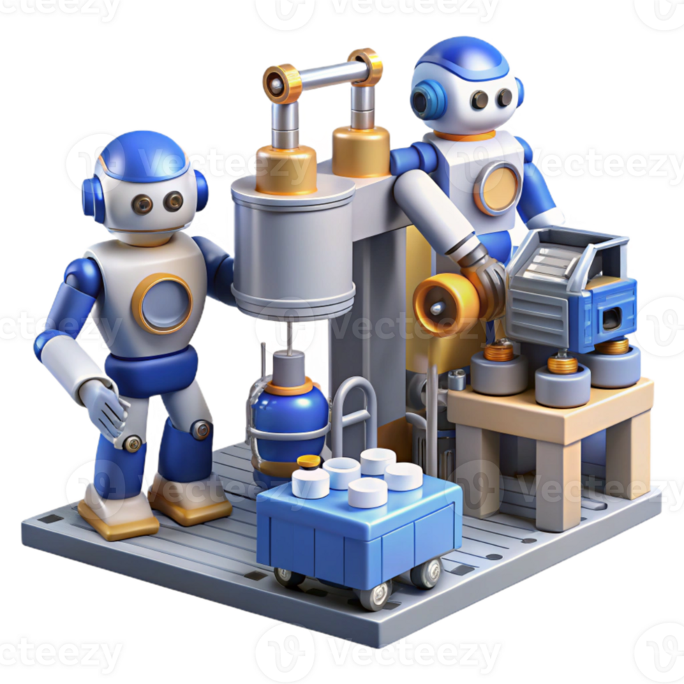 impressive modern A group of robots, with diverse designs and functions, work together in a futuristic factory. Industrial lighting genuine png