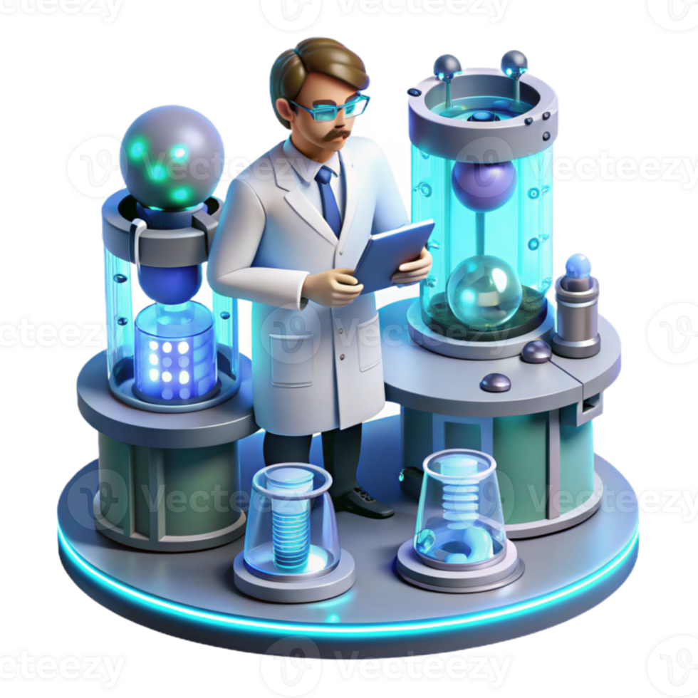 elegant vintage A scientist working in a futuristic laboratory, surrounded by holographic displays and complex machinery, cool and clinical lighting, concept art style exclusive png