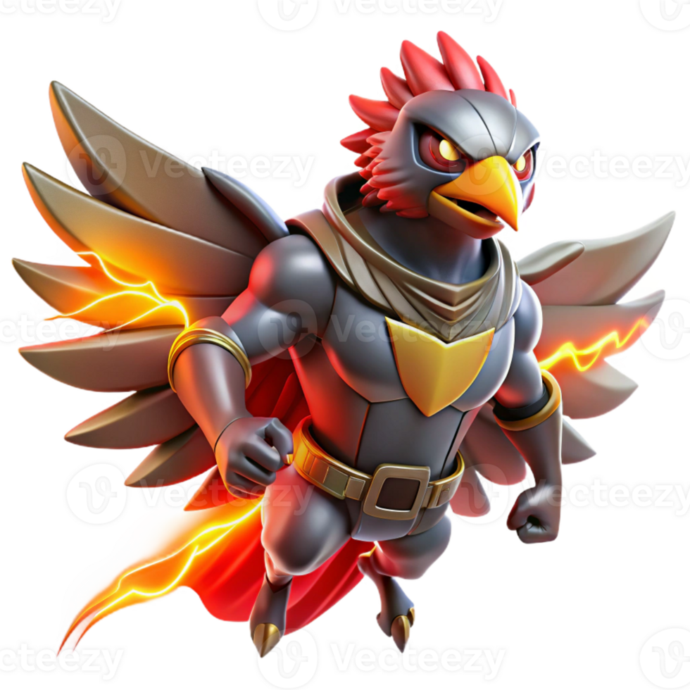 dramatic traditional A powerful, avian superhero with metallic feathers, fiery red eyes, soaring through a storm, dynamic lighting, art nouveau style authentic png