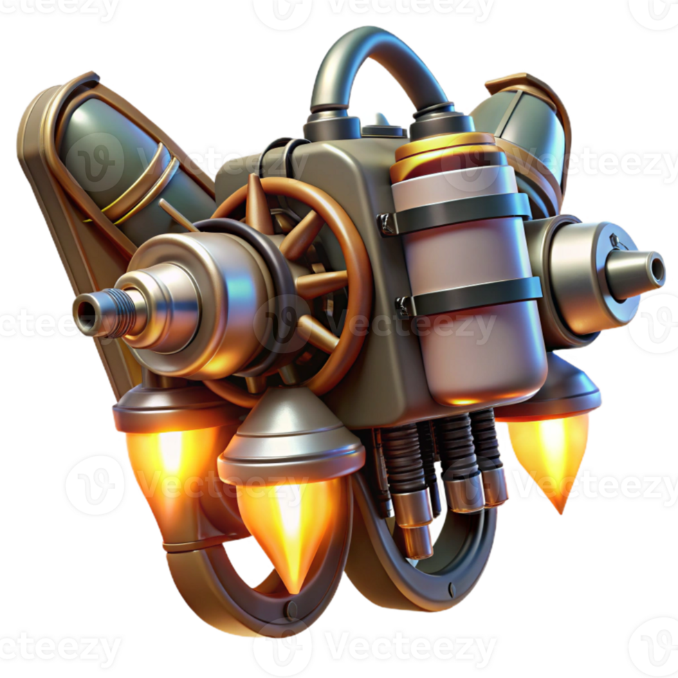 impressive minimalist A steampunk jetpack with glowing turbines and intricate pipework. Dynamic, action lighting. Comic book style authentic png