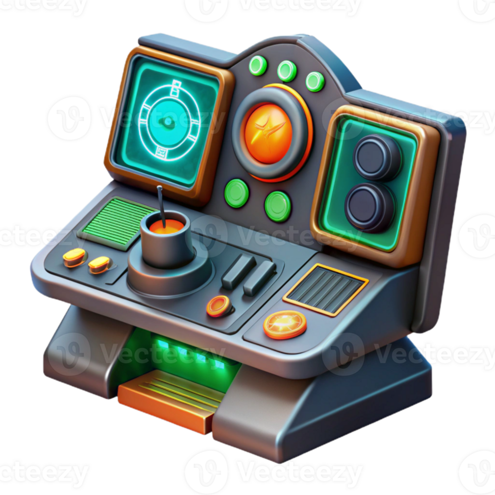 dramatic vintage A futuristic control panel with glowing buttons and holographic displays, complex data visualizations, dark background with green and orange accents, sci-fi style high resolution png