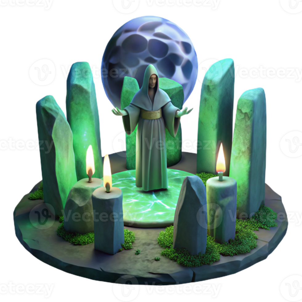 serene creative A mysterious druid performing a ritual, surrounded by standing stones, lit by the ethereal glow of the full moon. Celtic mythology, painting style detailed png