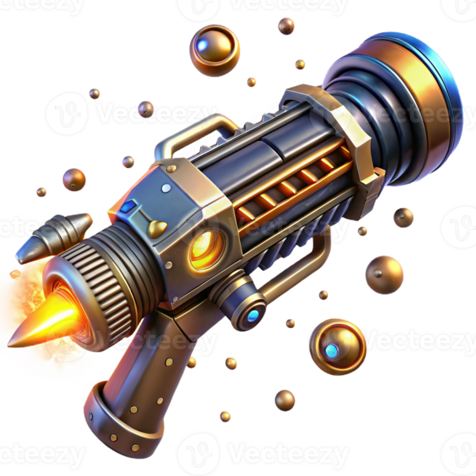 stunning classic A futuristic weapon, with intricate engravings and glowing energy cells, levitates in the air, surrounded by swirling particles of light. Steampunk style authentic png