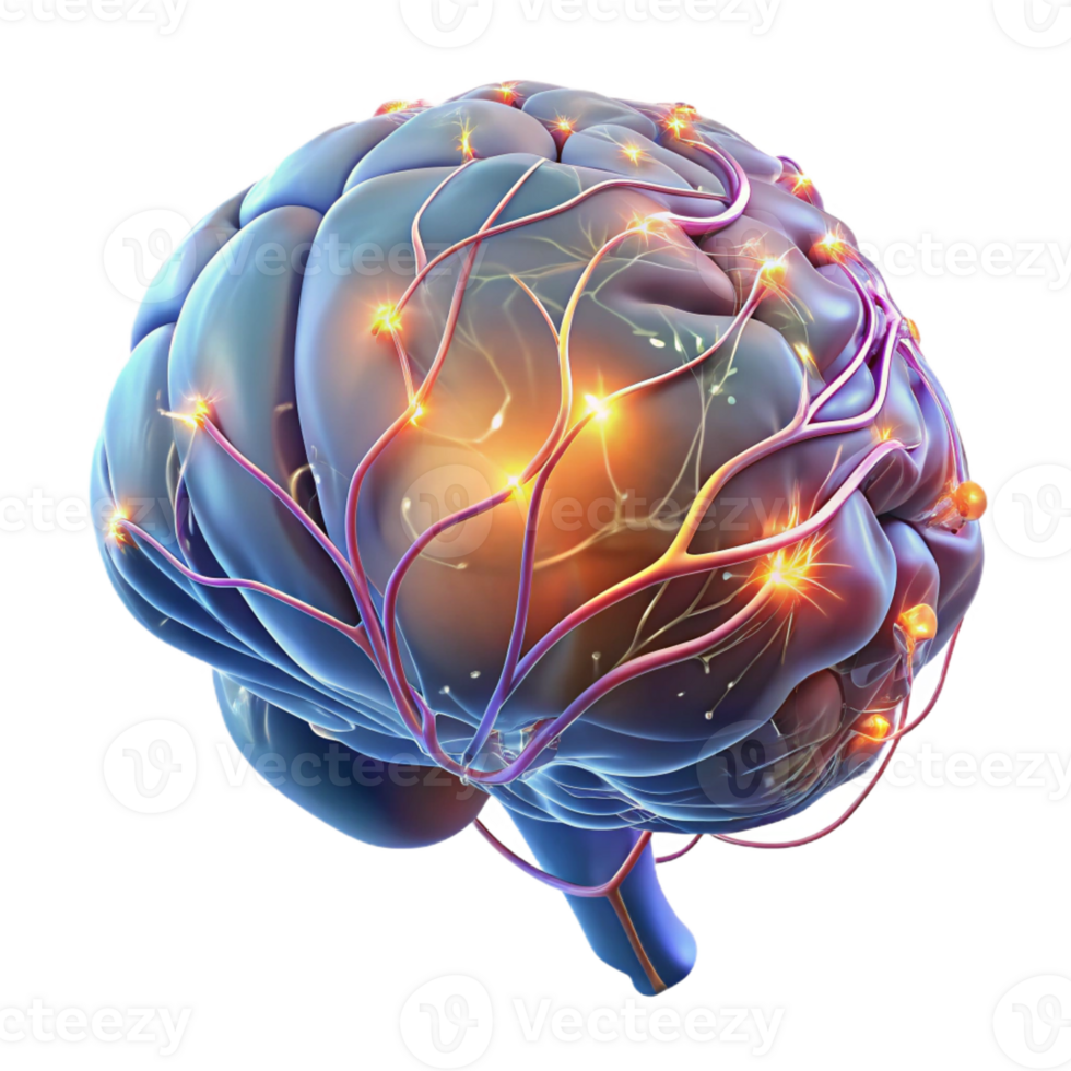 extraordinary vintage A holographic projection of a human brain, neural pathways firing as electrical impulses, in a dark, abstract void high quality png