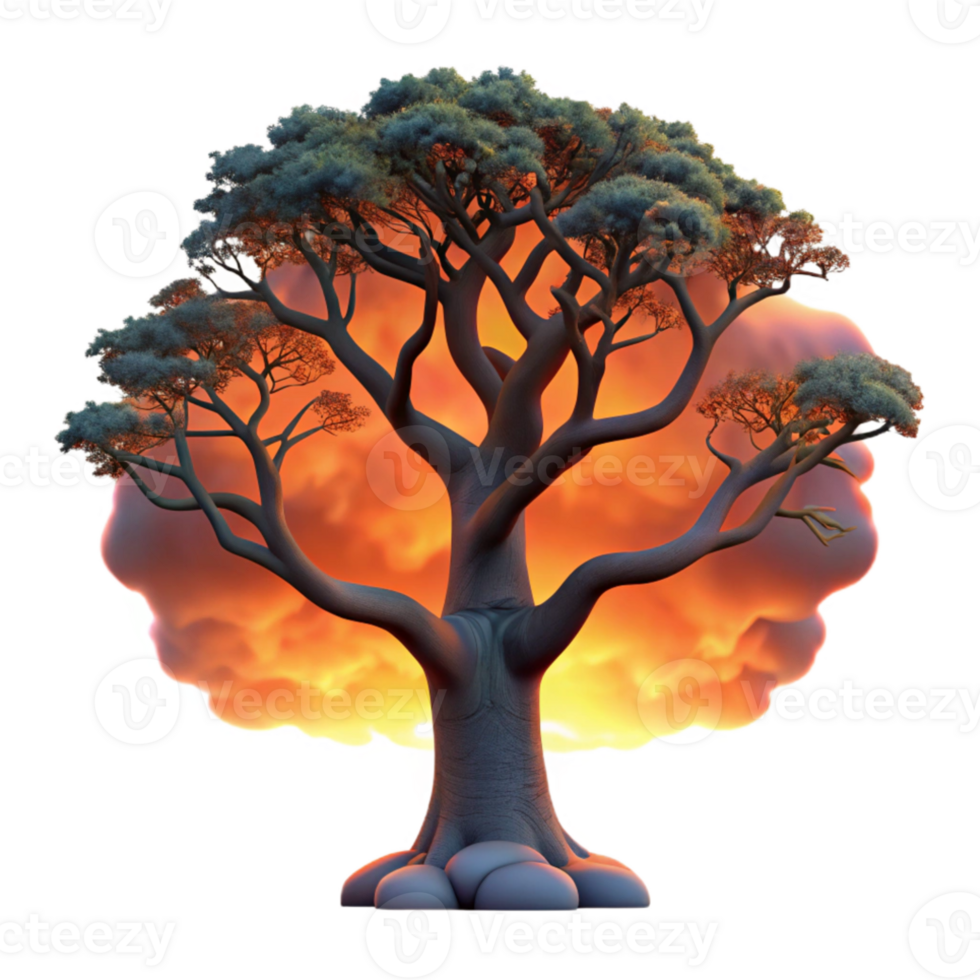 serene abstract A gnarled oak tree silhouetted against a fiery sunset, dramatic and evocative, painterly style premium png