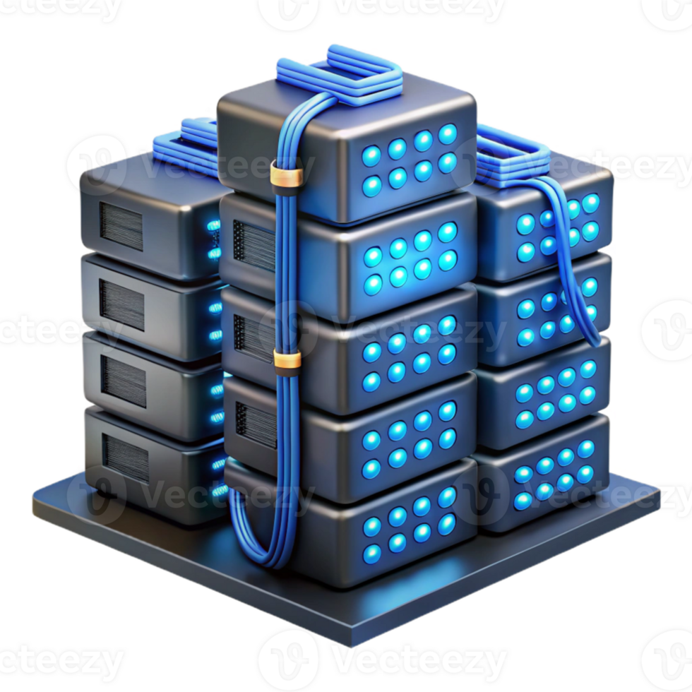 wonderful classic A server farm with rows of blinking servers and tangled cables, bathed in the cool, blue light of LEDs. Industrial, cyberpunk style original png