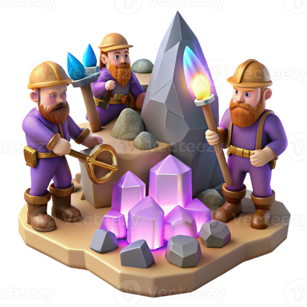 extraordinary artistic A group of adventurous dwarves mining for gems in a cavern, lit by glowing crystals. Realistic style original png