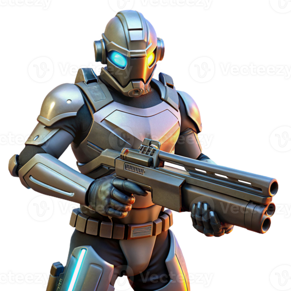vibrant artistic A futuristic soldier in power armor, holding a plasma rifle, dramatic lighting, dynamic pose exclusive png