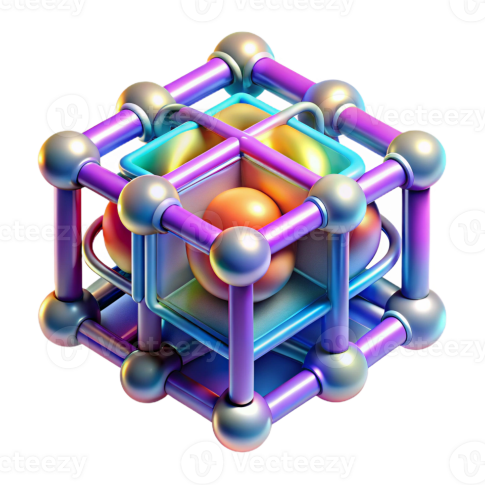 elegant artistic A quantum computer core, complex geometric shapes interwoven with streams of light particles, vibrant rainbow colors, abstract style genuine png