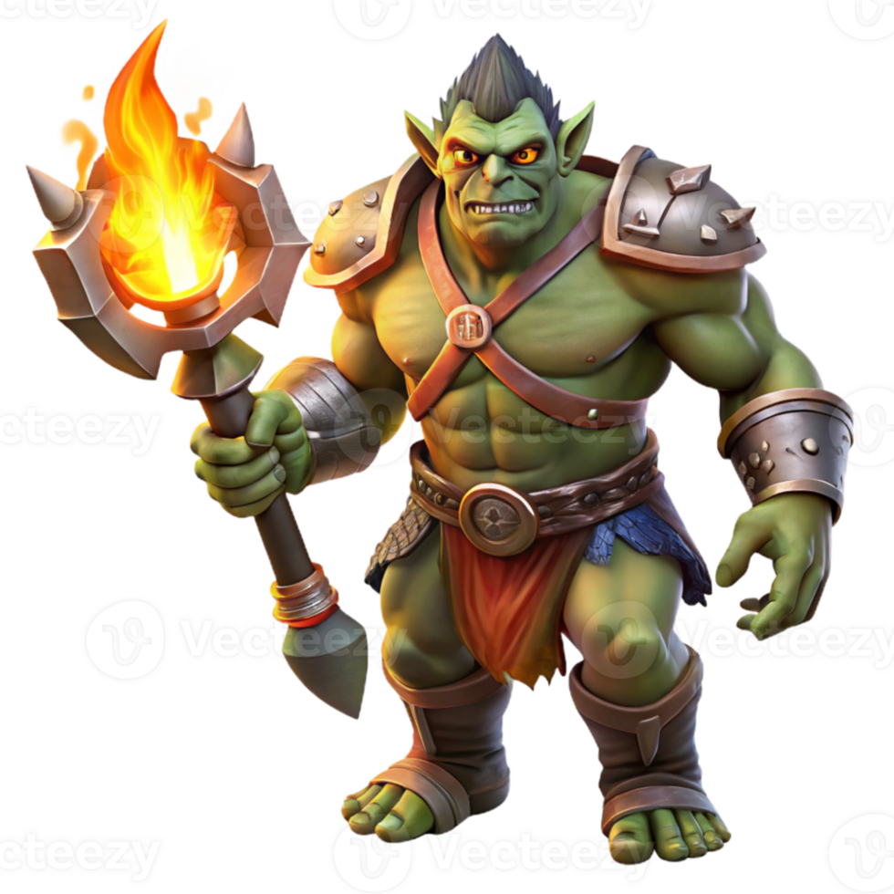 vibrant modern A fearsome orc chieftain with intricate tribal tattoos, wielding a glowing obsidian axe, lit by flickering torchlight. Dark fantasy style, realistic rendering premium png