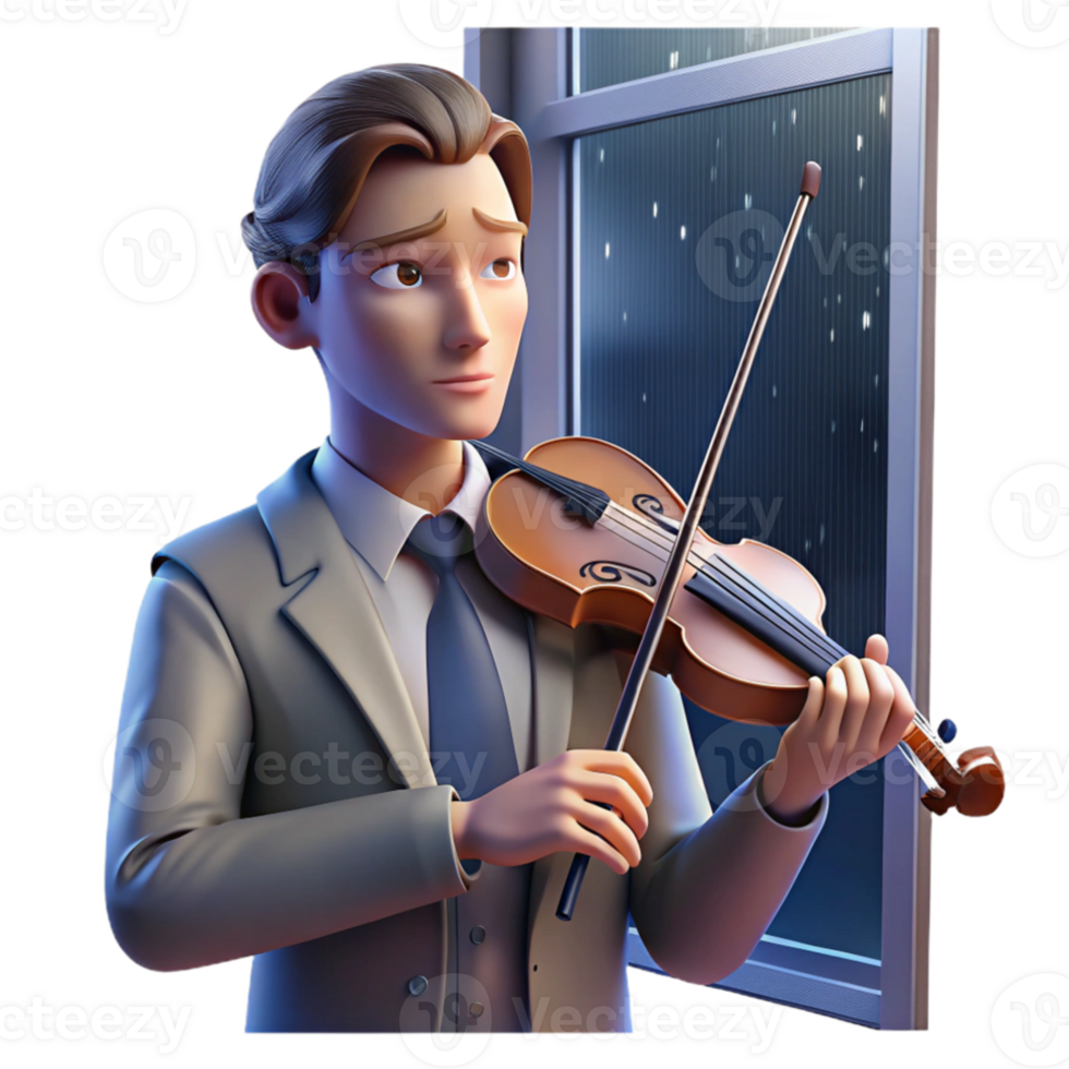 serene vintage Portrait of a melancholic musician with a violin, lit by a dim, rainy window light, in the style of Edward Hopper high resolution png