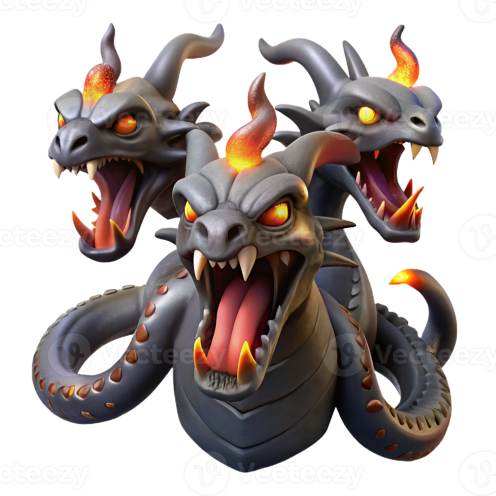 dramatic contemporary A menacing hydra with multiple heads, breathing fire, dark fantasy art high resolution png