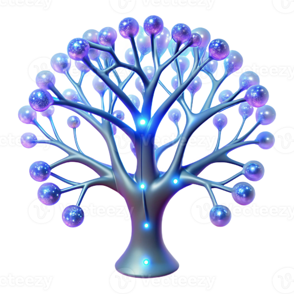 vibrant minimalist A tree of life with branches made of glowing, interconnected neurons, illuminated by bioluminescent light, Psychedelic Art style authentic png