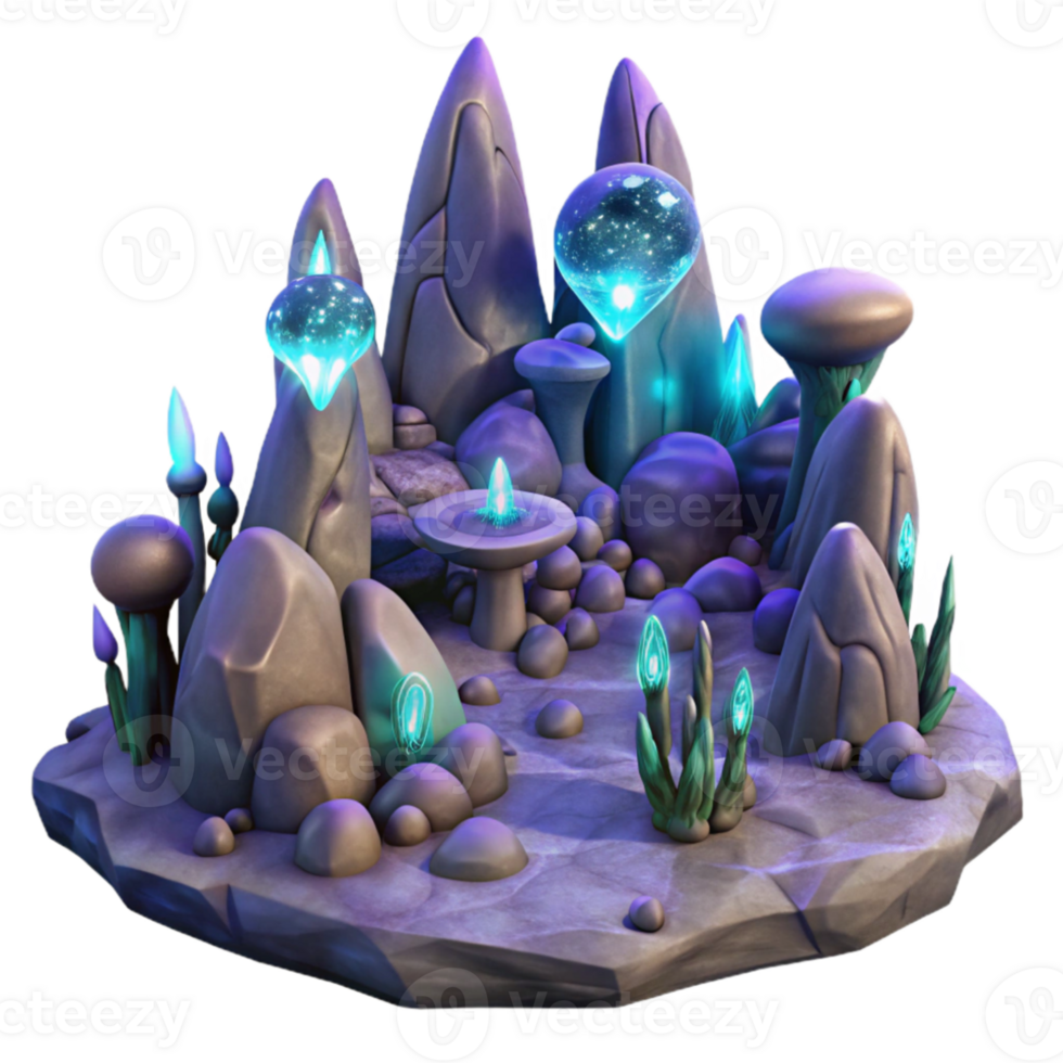 beautiful vintage An alien landscape with strange rock formations and glowing plants, otherworldly and mysterious lighting, digital painting genuine png