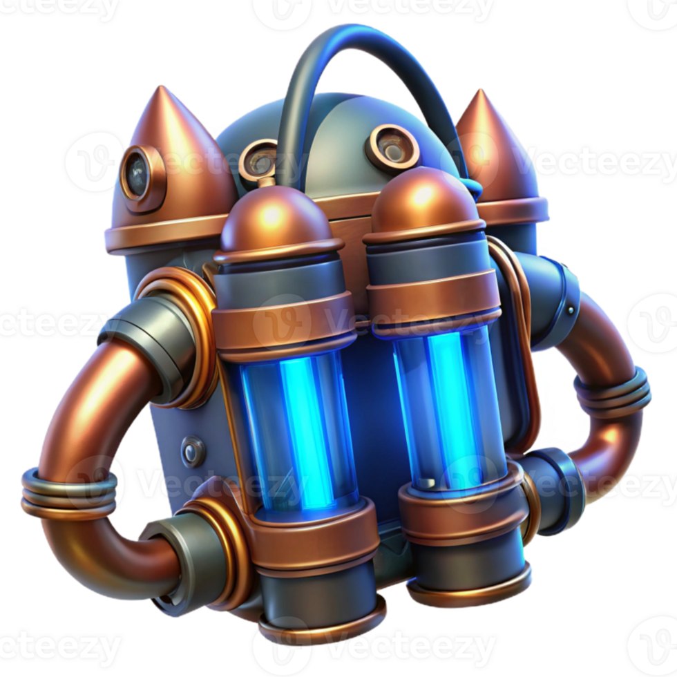 elegant modern A detailed illustration of a steampunk jetpack with copper pipes and glowing blue thrusters, dramatic, backlit lighting authentic png