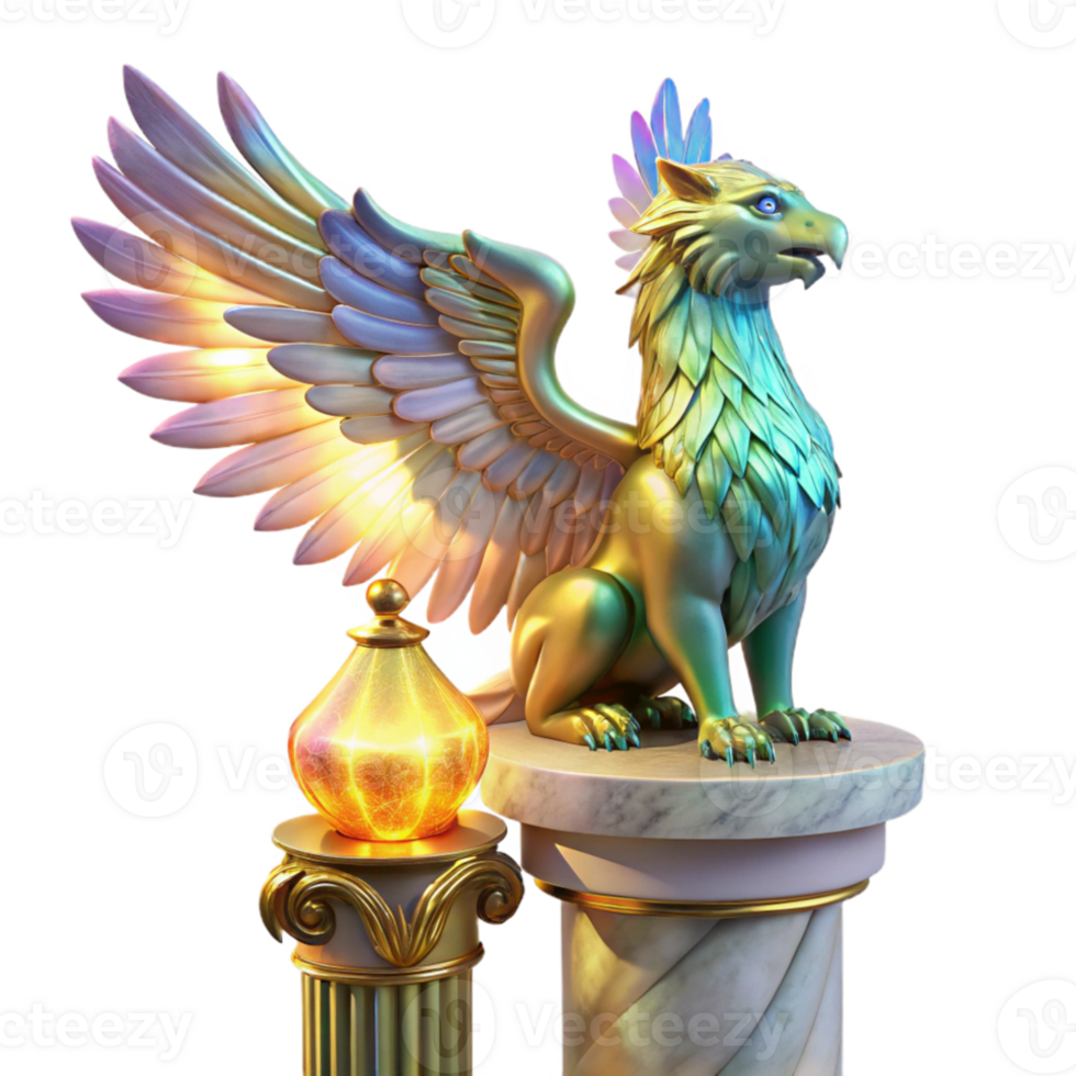 vibrant traditional A majestic griffin with iridescent feathers, perched atop a crumbling marble pillar, lit by a single shaft of golden light. Art Deco style genuine png