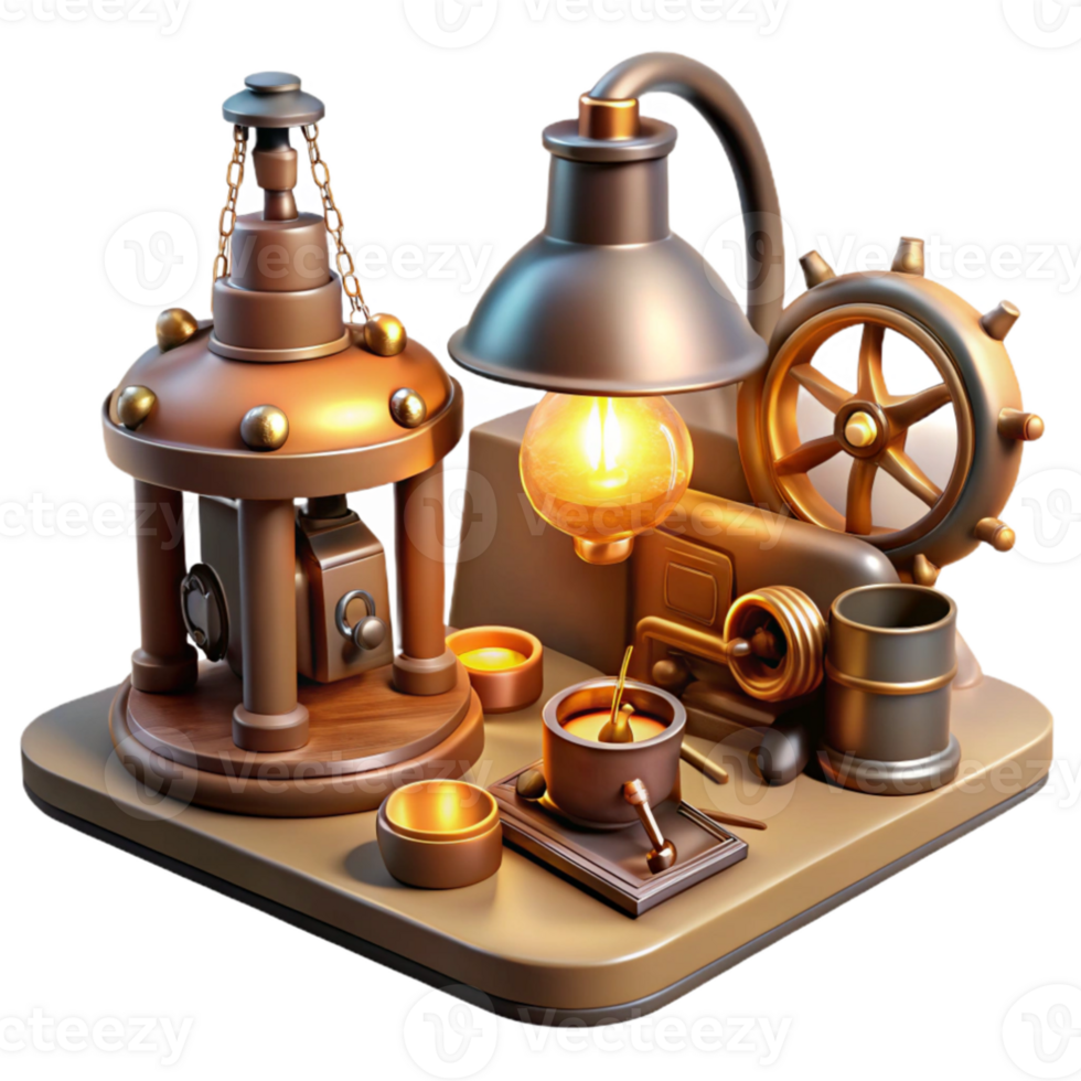 wonderful vintage A collection of steampunk tools laid out on a workbench, bathed in the warm glow of a workshop lamp. Realistic, detailed lighting. Steampunk concept art detailed png