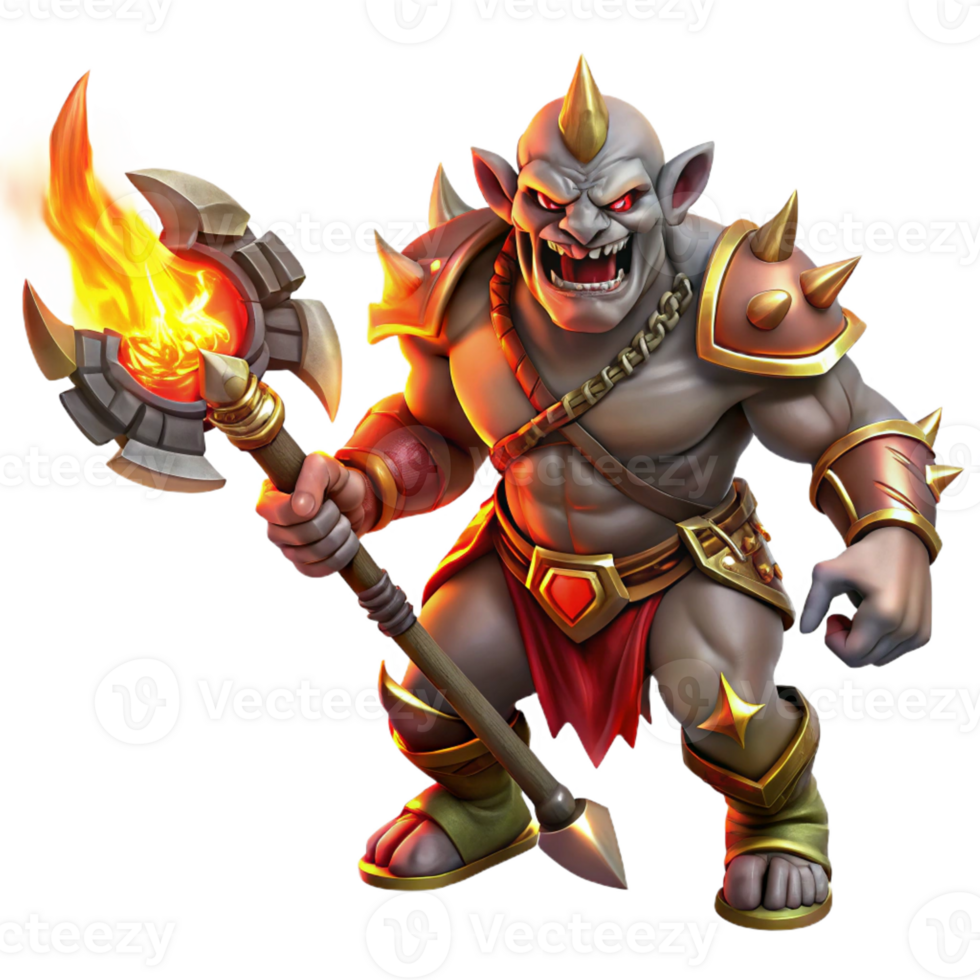 elegant vintage A fierce orc warrior wielding a flaming battleaxe, with intricate tribal tattoos and glowing red eyes, dynamic pose, dramatic lighting. Digital painting style authentic png