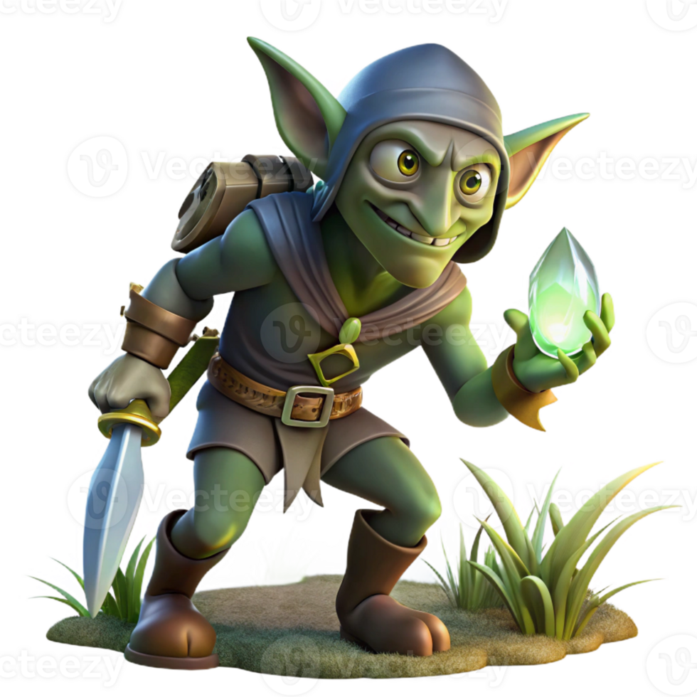 impressive contemporary A cunning goblin rogue sneaking through a moonlit forest, clutching a stolen jewel-encrusted dagger. Dark, mysterious lighting. Digital art style genuine png