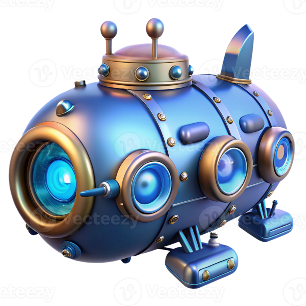 elegant vintage A complex steampunk submarine, with portholes and intricate gears, underwater, blue-tinted lighting original png