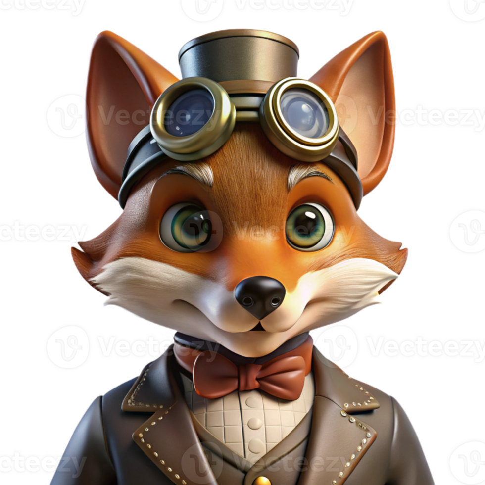 extraordinary rustic A close-up portrait of a steampunk fox wearing goggles and a tiny top hat, intricate clockwork mechanisms visible on its face. Soft, Rembrandt lighting. Steampunk style original png