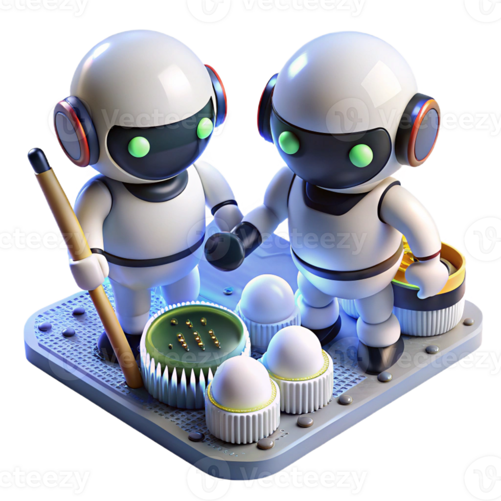 beautiful classic A group of miniature cleaning robots, spherical and white, scrubbing a circuit board with tiny brushes, under bright, focused LED lights. Photorealistic style high quality png