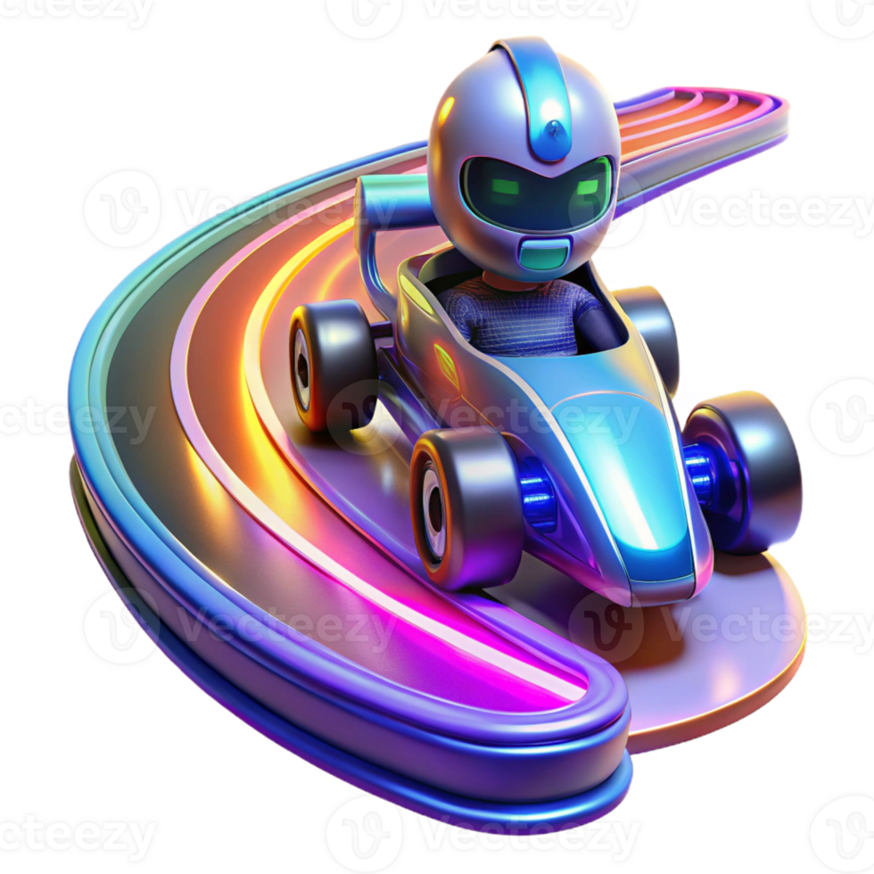 wonderful traditional A robot racing car speeding around a futuristic track, lit by colorful neon lights and speed trails in a racing game style exclusive png