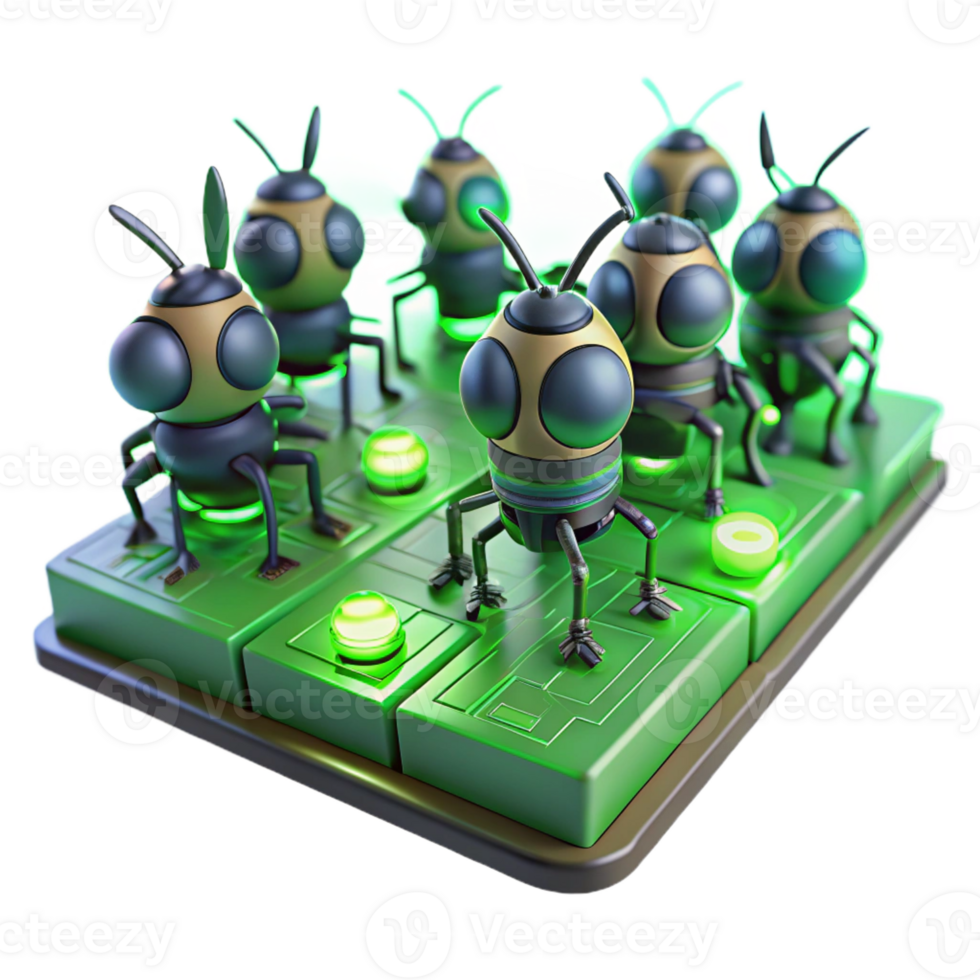 wonderful contemporary A group of miniature, insect-like robots swarming over a circuit board, lit by the green glow of LEDs, in a macro photography style premium png