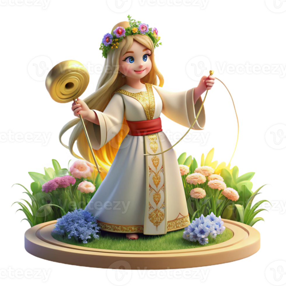 serene minimalist A benevolent Slavic goddess Mokosh, spinning thread of fate, surrounded by blooming flowers, illuminated by warm sunlight. Slavic folklore style 4K png