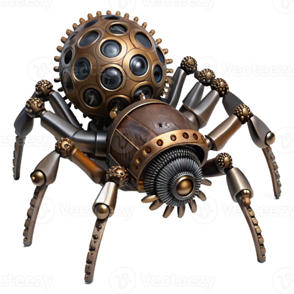 stunning modern A steampunk-inspired mechanical spider crawling on a web of gears. Dark, moody lighting. Horror art style original png