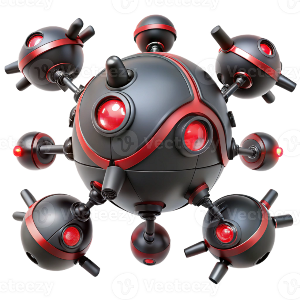magnificent minimalist A group of robotic drones, with sleek, black chassis and pulsating red lights, swarm around a colossal, energy-emitting sphere. Dark, cinematic lighting authentic png