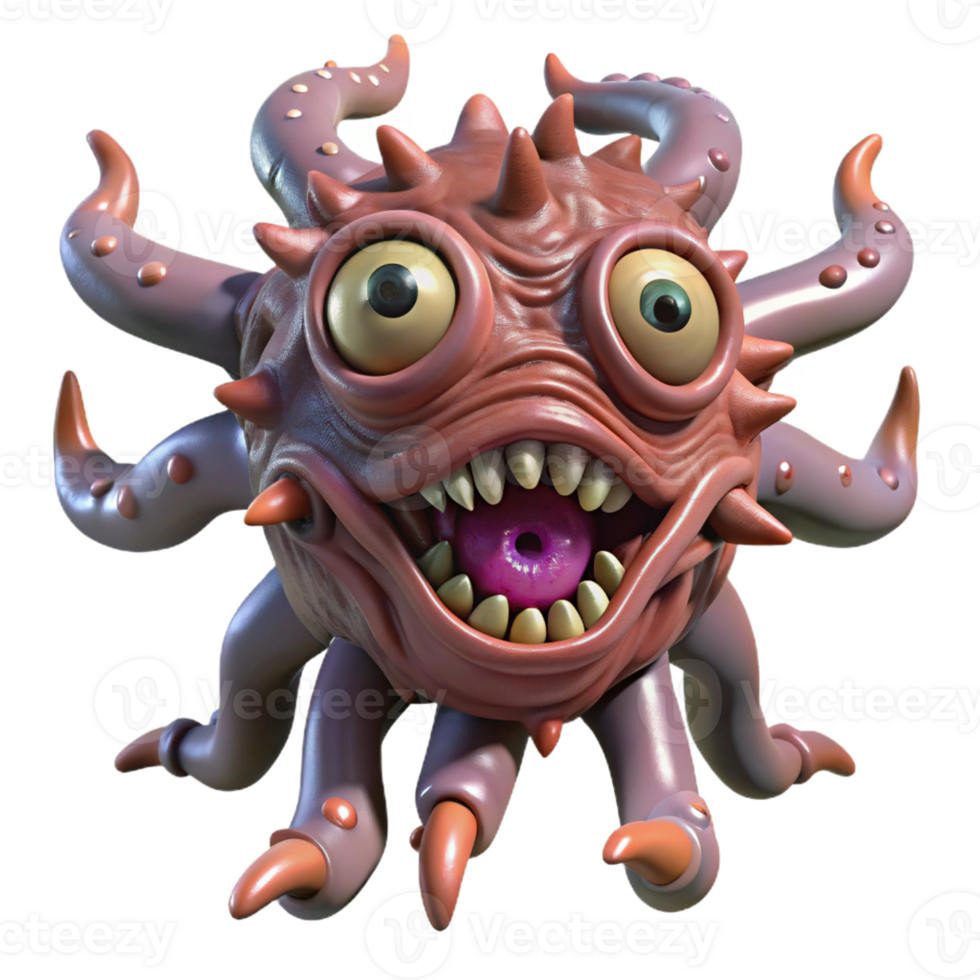 extraordinary creative A monstrous, multi-eyed creature with tentacles emerging from its back, lurking in the shadows of a decaying, industrial cityscape. Cyberpunk horror style authentic png