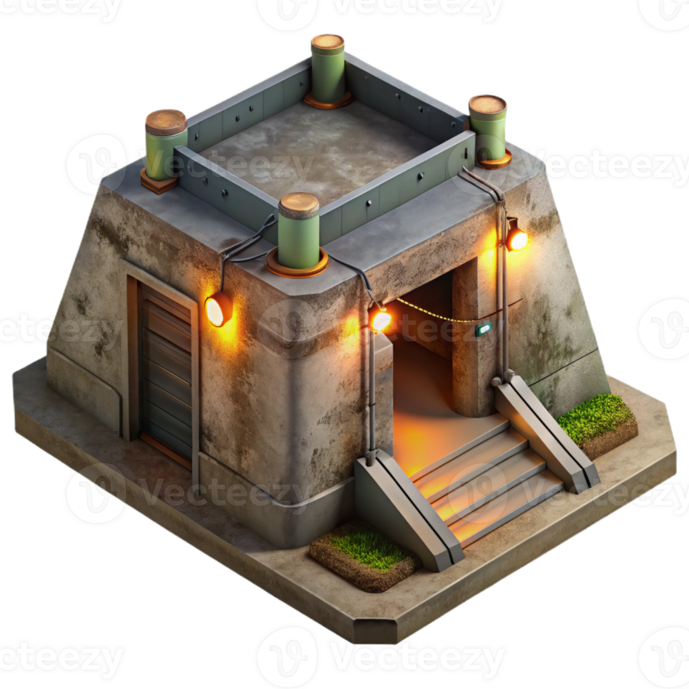 elegant creative Underground bunker, concrete walls, dim artificial light, dystopian style, photorealistic, authentic png