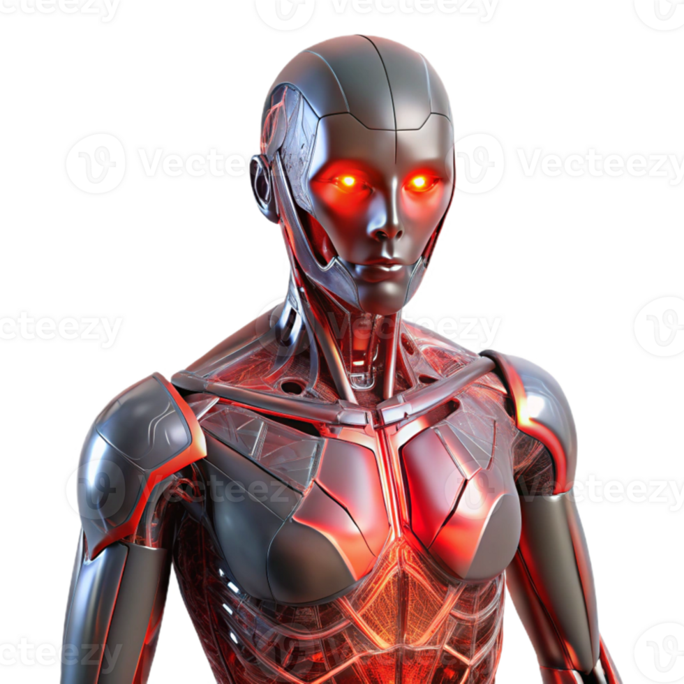 wonderful traditional A humanoid robot with translucent skin revealing complex internal circuitry, illuminated by a pulsing, red light. Biopunk style detailed png