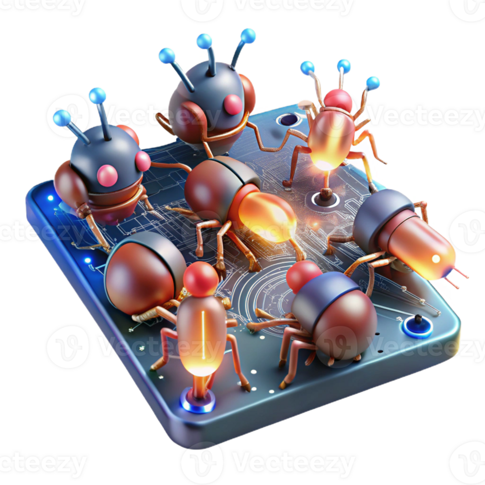elegant creative A swarm of nanobots repairing a damaged circuit board, glowing with microscopic sparks, in a hyperrealistic close-up authentic png