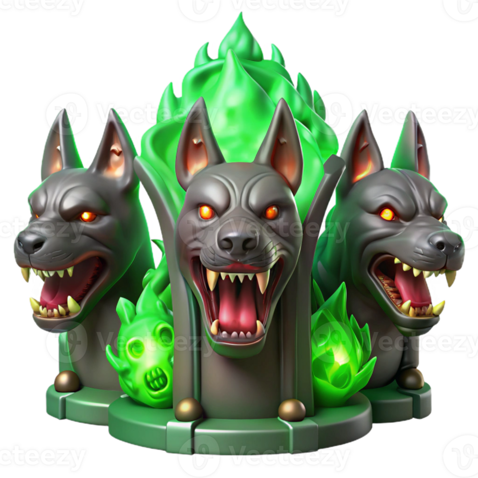 beautiful contemporary A three-headed Cerberus, each head a different shade of fiery red, guarding a gate of polished obsidian, illuminated by ethereal green flames. Dark fantasy style 4K png